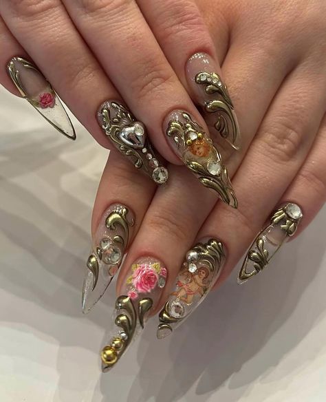 cherubs energy #goldnails #goldmolding #cherubnails #ornamentnails #chromenails #goldchromenails #3dnailart #gelxnails #stilettonails… | Instagram Cherub Nails, Gold Chrome Nails, Nail Art For Beginners, Cute Spring Nails, Red Nail Designs, Nail Art Wedding, February 15, Pastel Nails, Nail Art Hacks