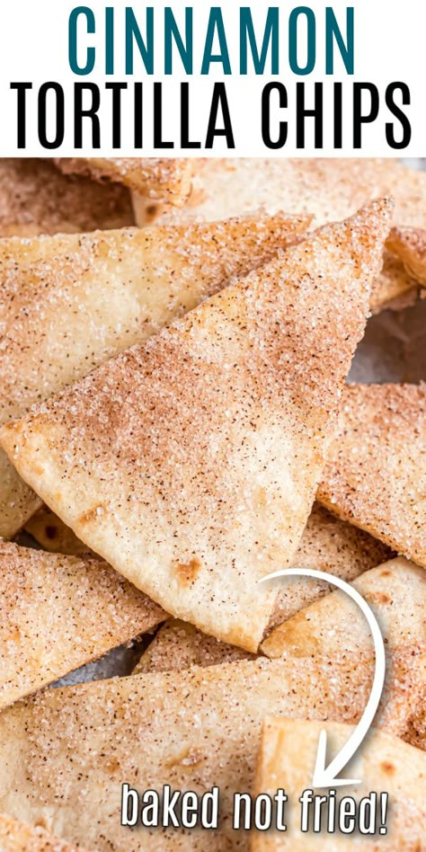 Baked Cinnamon Sugar Tortilla Chips - baked until crispy and covered with cinnamon sugar! These sweet and crunchy chips make a perfect vehicle for scooping all your favorite fruit salsas and dessert dips. Cinnamon Sugar Tortilla Chips, Cinnamon Sugar Tortilla, Tortilla Dessert, Cinnamon Sugar Tortillas, Tortilla Chip Recipe, Cinnamon Tortilla Chips, Cinnamon Tortillas, Homemade Tortilla Chips, Milk Allergy