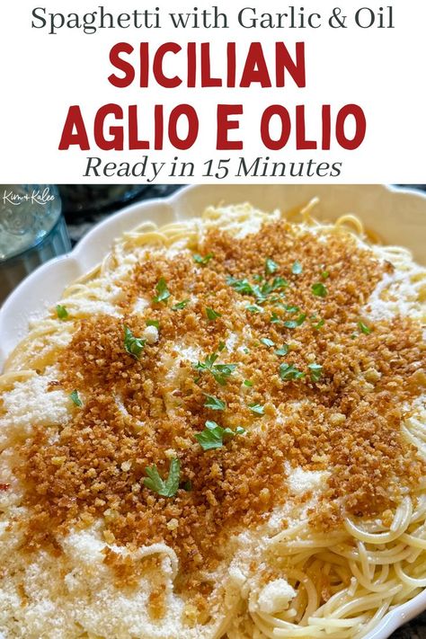 Aglio E Olio, which is Spaghetti with Garlic and Oil, is a delicious and easy 15 minute dinner idea! This Sicilian version uses infused garlic olive oil, breadcrumbs, red pepper flakes, pecorino cheese, and spaghetti. #easydinnerrecipe #easyrecipe #pastadinner #easypastadinner #quickdinnerecipe Aglio E Olio Recipes, Spaghetti Olio Aglio Recipe, Spaghetti Aglio E Olio, Spaghetti Olio Aglio, Spaghetti Alio Olio, Pasta Olio Aglio, Pasta With Garlic And Oil—aglio E Olio, Aglio E Olio Recipe, 15 Minute Dinners