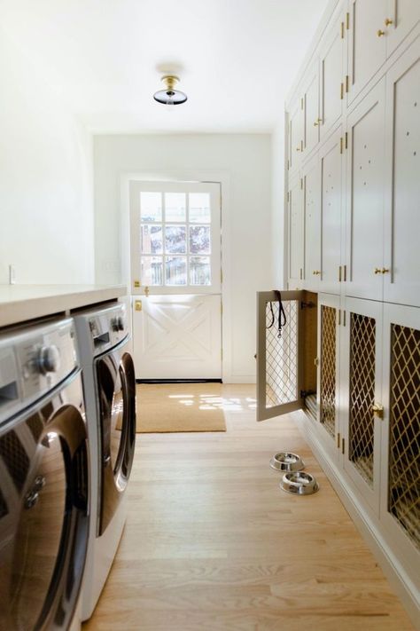 Dog Kennel Laundry Room, Built In Dog Kennel, Mudroom Cabinets, Dog Spaces, Dog Crates, Mudroom Laundry Room, Built In Cabinet, Laundry Room Shelves, Mudroom Design