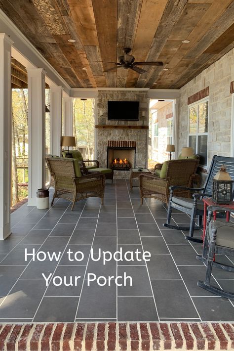 Barnwood Ceiling, Porch Transformation, Patio Ceiling Ideas, Outdoor Tile Patio, Hardie Board, Patio Remodel, Screened Porch Designs, Porch Fireplace, Porch Remodel