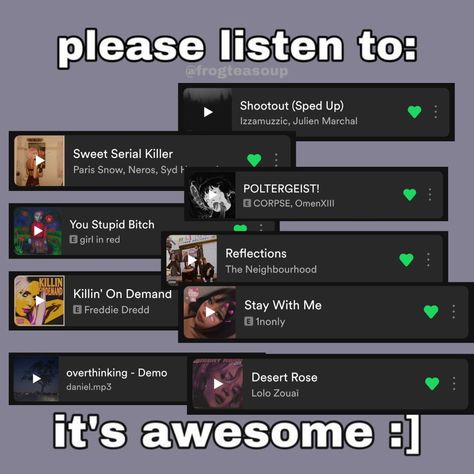 Spotify Playlist Suggestions, Assigning Songs To Characters, Song Suggestions Spotify, This Song Template, Songs Underrated, Underrated Music, Underrated Songs, This Song, Music Template