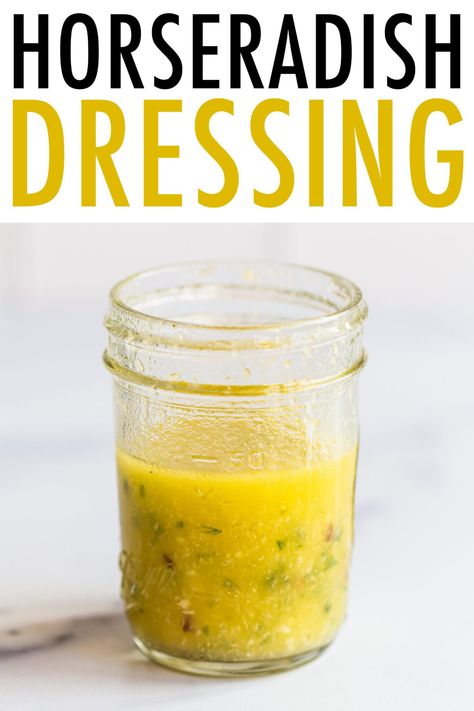 This zippy horseradish dressing is a simple vinaigrette made with prepared horseradish, champagne vinegar and garlic and olive oil. #dressing #saladdressing #horseradish #eatingbirdfood Horseradish Salad Dressing, Nicoise Salad Dressing, Horseradish Dressing, Homemade Salad Dressing Healthy, Garlic And Olive Oil, Green Salads, Roasted Vegetable Salad, Olive Oil Dressing, Oil Dressing