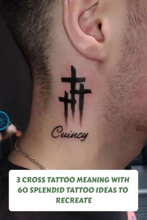 Explore the deep meanings behind the cross tattoo and find inspiration for your next ink with these 60 stunning tattoo ideas. From simple and minimalistic designs to elaborate and intricate patterns, there's something for everyone looking to add a meaningful symbol to their body art. Dive into the history and symbolism of the cross tattoo as you browse through this collection of beautiful and unique designs. Mens Cross Neck Tattoo, Crosses On Neck Tattoo, Chest Cross Tattoo, Triple Cross Tattoo, 3 Crosses Tattoo Design, Three Crosses Tattoo, The Cross Tattoo, Paintbrush Tattoo, Cross Tattoo Neck