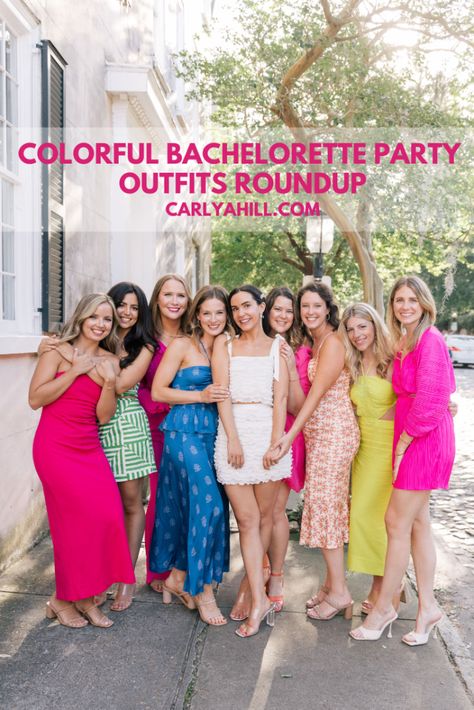 Colorful Bachelorette Party Outfits Roundup Bright Colored Bachelorette Outfits, Bachelorette Colorful Outfits, Bachelorette Party Outfit Ideas Group, Bachelorette Coordinating Outfits, Floral Bachelorette Party Outfits, Savannah Bachelorette Outfits, Florida Bachelorette Outfits, Bright Bachelorette Party Outfits, Bright Color Bachelorette Party Outfits