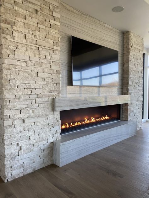 Acucraft Signature 8′ Linear Open Gas Fireplace with Lava Rock (1) Linear Fireplace With Hearth, Brick Fireplace Surround, Linear Fireplaces, Gas Fireplace Ideas Living Rooms, Modern Fireplace Ideas Living Rooms, Led Fireplace, Indoor Gas Fireplace, Fireplace Bedroom, Fireplace Dining