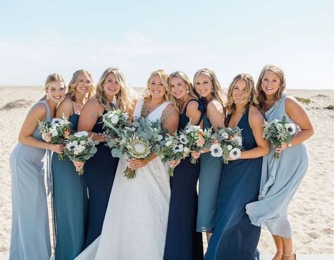 Shades Of Blue Bridesmaids, Blue Hydrangea Wedding, Blue Beach Wedding, Mumu Wedding, Hydrangeas Wedding, June Wedding, Coastal Wedding, Lake Wedding, Blue Beach