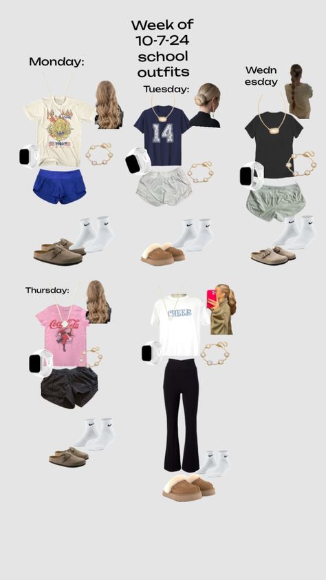 Outfits of the week! School Dresscode Outfit, Week Outfits For School, Outfits For The Week School, School Outfits Warm Weather, School Outfit Ideas Middle School, Days Of The Week Outfits, Friday Outfits For School, What To Wear To A Bar, Outfits For The Weekend