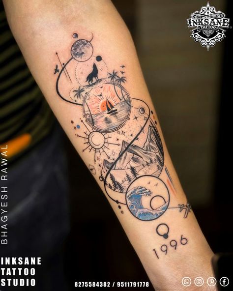 Adventure Tattoo, Universe Tattoo, Forearm Band Tattoos, Planet Tattoos, Foot Tattoos For Women, Wrist Tattoos For Guys, Cool Forearm Tattoos, Geometric Tattoo Design, Tatuaje A Color