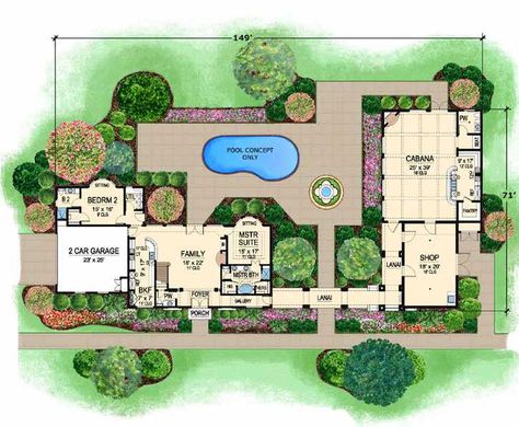 Main Floor Plan Spanish Style Homes Plans, Hacienda Floor Plans, Mediterranean House Plan, Mediterranean Style House Plans, Courtyard House Plans, Monster House Plans, Mediterranean Home Decor, Spanish Style Homes, Luxury House Plans