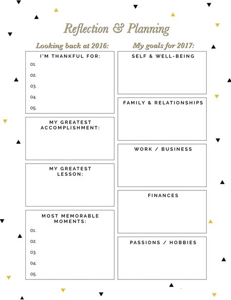 Make the most out of 2017 with this free 2-page printable for reflection  and planning. New Year Dairy Ideas, New Year Reflection, Journaling Activities, Year Reflection, New Year Printables, Planning School, Event Planning Printables, Goals Printable, Bullet Journal Set Up