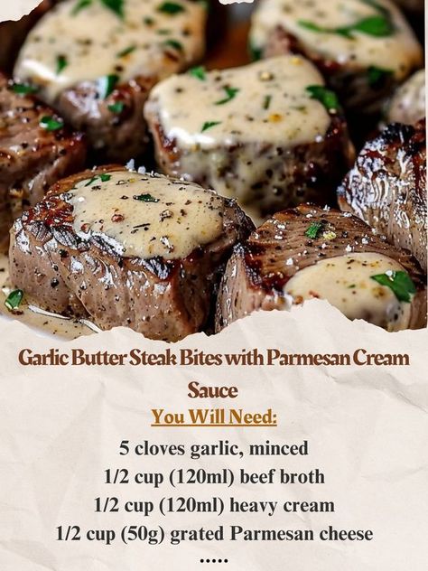 Grandma’s Easy Recipes | Garlic Butter Steak Bites with Parmesan Cream Sauce | Facebook Steak Bites With Cream Sauce, Garlic Butter Steak Bites With Parmesan Cream Sauce, Juicy Steak Bites, Caveman Diet Food List, Garlic Butter Steak Bites, Butter Steak Bites, Butter Steak, Caveman Diet, Parmesan Cream Sauce