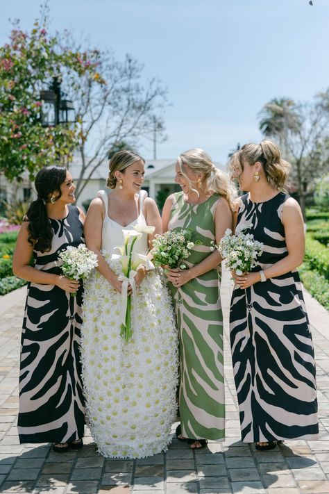 unique + stylish zebra print bridesmaid dresses in green, ivory, and black for an elevated outdoor wedding Print Bridesmaid Dresses, Zebra Wedding, Printed Bridesmaid Dresses, Day Planning, Wedding Tux, Wedding Reception Seating, Beautiful Bridal Bouquet, Bridesmaids Dress Inspiration, Mismatched Bridesmaids