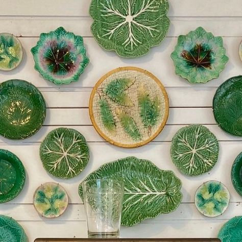 Nora Murphy Country House on Instagram: "The power of green…and a beautiful collection of vintage Majolica. 💚  The Little Shop 1 Main Street  Chester, CT Sunday 12-5 Thursday-Saturday 10-6" Cabbage Ware, Pottery Party, Wall Arrangements, Nora Murphy Country House, Nora Murphy, Nice Room, Art Walls, Majolica Pottery, Peter Cottontail