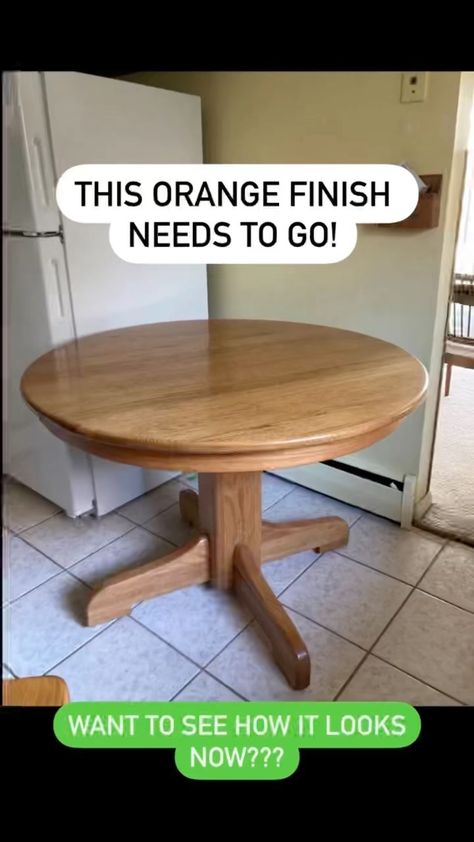 repurposed_refinished_upcycled on Instagram: This is solid oak table, but orange old finish needs to go. So now it’s new and modern! Did you like the transformation? #savetheplanet… Pine Round Table, Vintage Table With Modern Chairs, Painted Oak Dining Table And Chairs, Sanding Oak Table, Round Dining Table Painted, Refinish Wood Dining Table, Wood Dining Table Refinish, Refinishing Old Oak Table, Refinishing Round Kitchen Table