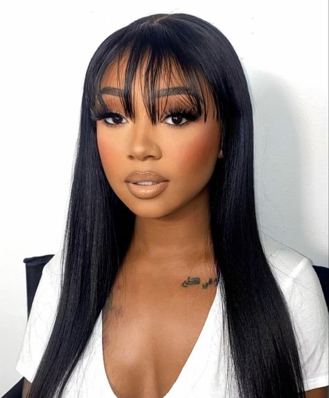 Straight Hair With Bangs Black Women, Bangs Hairstyles Black Women, Wig With Bangs For Black Women, Hairstyles With Bangs Black Women, Fringe Bangs Black Women, Long Weave Hairstyles, Frontal Wig Hairstyles, Sew In Hairstyles, Ethnic Hairstyles