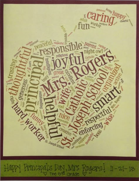 Principal Appreciation Day- Gift idea using Tagxedo to create a custom word cloud honoring your principal. Farewell Cards For Principal, Thank You Principal, Quotes For Principal Appreciation, Principal For A Day, Principal Appreciation Day, Principal’s Month Ideas, Principals Day, Principal Appreciation Gifts, Principal Appreciation