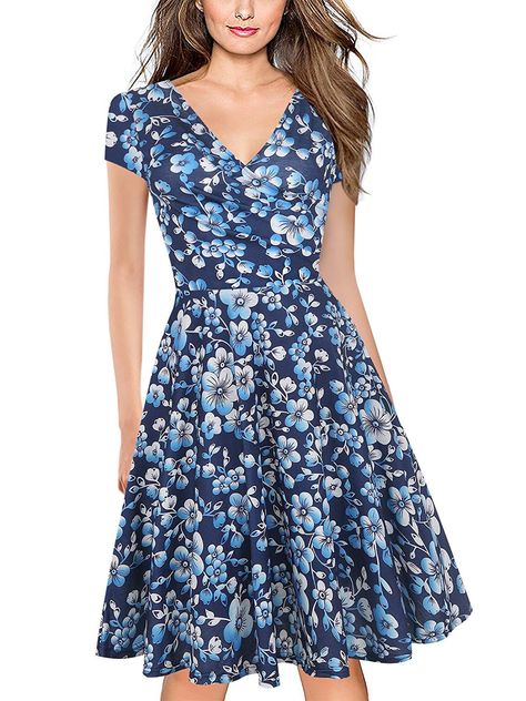 Summer Knee Length Dresses, Knee Length Floral Dress, Dressing Table Ideas, Summer Dresses Knee Length, Wife Fashion, Blue Floral Print Dress, Short Sleeve Floral Dress, Dresses By Pattern, Mother Dresses