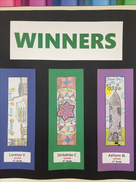 Winning entries from our Bookmark Contest!🎉👏👍 Bookmark Contest, Book Mark Ideas, Bookmark Coloring, Emma Clark, Coloring Contest, Library Ideas, Toddler Learning, Bulletin Board