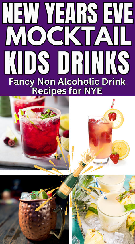 Fancy and delicious mocktail drink recipes for New Year's Eve. Non alcoholic New Years Eve drink recipes for  sober friends and kids. Kid approved nonalcoholic drink ideas that are better than punch! Try these tasty healthy mock tail recipe ideas this holiday season! Kid New Years Drinks, New Years Mocktails For Kids, Nye Nonalcoholic Punch, New Year’s Eve Drinks For Kids, New Year’s Eve Kids Mocktail, New Year’s Eve Punch For Kids, Fun Kids Mocktails, New Years Mocktail For Kids, New Years Eve Mocktail Kids