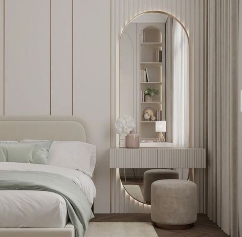 New Room Ideas Modern, Dressing Room And Bedroom, Daughter Bedroom Ideas Modern, Elegant Bedroom Ideas Classy Modern, Minimalist Bedroom Decor Simple, Vanity Beside Bed, Facial Bar Ideas, White And Golden Bedroom, Masterbedroomideas Modern