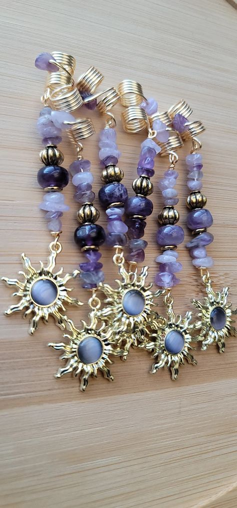 Amethyst Crystal Loc Jewelry Gold Sun Copper Hair Beads - Etsy Hair Wrap Jewelry, Gold Crystal Jewelry, Jewelry Hair, Hair Charms For Locs, Loc Bead Styles, Loc Charms, Hair Accessories For Locs, Diy Hair Jewelry For Braids, Locs Jewelry