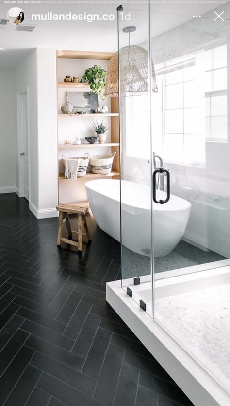 Modern Bathroom Flooring, Upgrade Bathroom, Black Floors, Modern Master Bathrooms, Modern Master Bath, Bathroom Design Black, New House Bathroom, Master Bath Remodel, Modern Farmhouse Bathroom