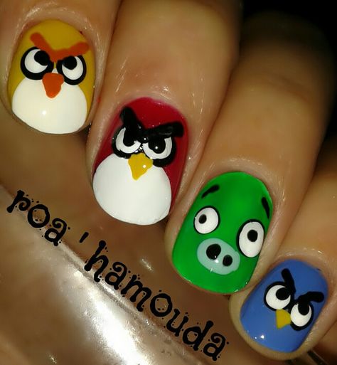 Angry birds nails Angry Birds Nail Art, Angry Bird Nail Art, Bird Nail Art, Nail Art Disney, Angry Bird, Easter Nails, Heart Nails, Nail Arts, Angry Birds