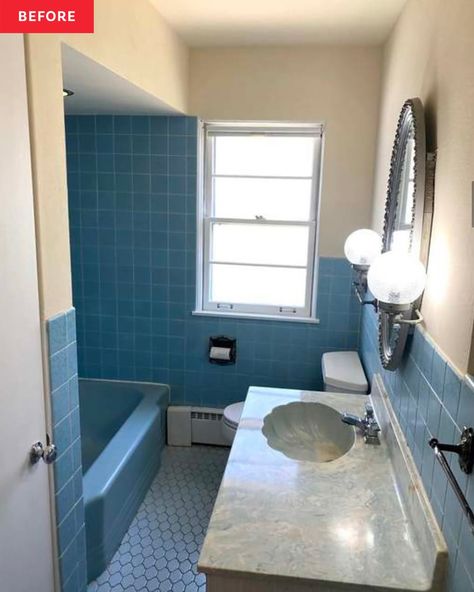 Blue bathroom before renovation. Blue Vintage Bathroom, Entertainment Basement, 1950s Bathroom, Grand Living Room, Blue Tile Wall, Blue Bathroom Tile, Old Vanity, Tudor Revival, Grosse Pointe