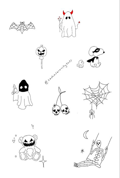 Spooky Szn Tattoo, Halloween Line Work Tattoo, Minimal Spooky Tattoo, Tiny Halloween Tattoo Flash, Spooky Little Tattoos, Tiny Tattoo Halloween, Fineline Halloween Tattoo, Halloween Inspired Tattoos Simple, Halloween Flash Sheet Simple