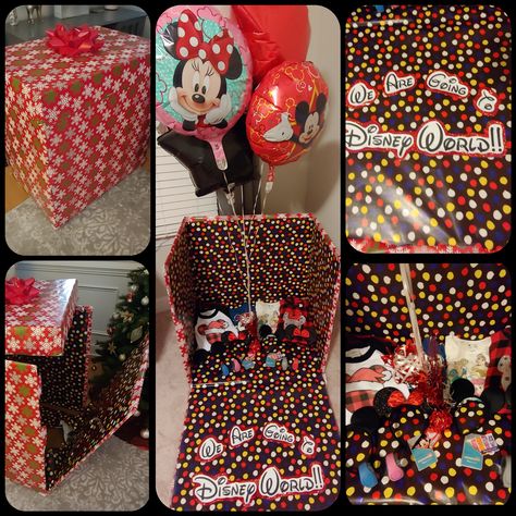 This is a fun way to surprise the kids with a trip to Disney World! I took a large box, cut down the sides of the front, made a cover out of another box and wrapped it all! Then added some balloons and Disney gear (ears, magic bands gift cards etc.) and the kids loved it!! Disney Gift Surprise, Disney Trip Gift Reveal, Disneyland Suprise Ideas, Disney Trip Reveal Box Ideas, Disney Christmas Reveal, Disney Tickets Surprise Gift, Surprise Disneyland Trip Reveal Christmas, Christmas Disney Surprise Ideas, Disneyland Christmas Gift Surprise