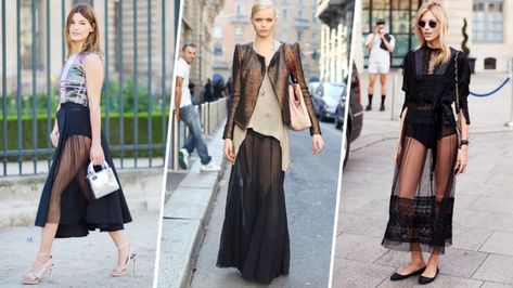 How to Wear a Sheer Skirt Like a Fashion Girl | StyleCaster Sheer Maxi Skirt Outfits, Layers Styling, Sheer Skirt Outfit, Mesh Skirt Outfit, Sheer Midi Skirt, Skirt Outfit Fall, Slip Dress Outfit, Sheer Slip Dress, Sheer Maxi Skirt