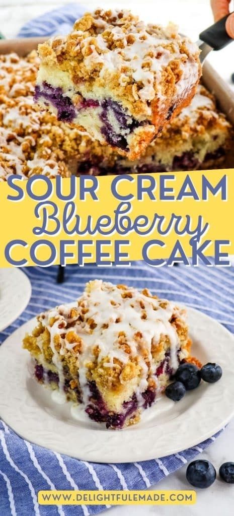 Super Moist Blueberry Sour Cream Coffee Cake Recipe | Delightful E Made Blueberry Sour Cream Coffee Cake, Sour Cream Coffee Cake Recipe, Blueberry Coffee Cake Recipe, Blueberry Coffee Cake, Blueberry Coffee, Coffee Cake Recipe, Sour Cream Coffee Cake, Sour Cream Cake, Easy Blueberry