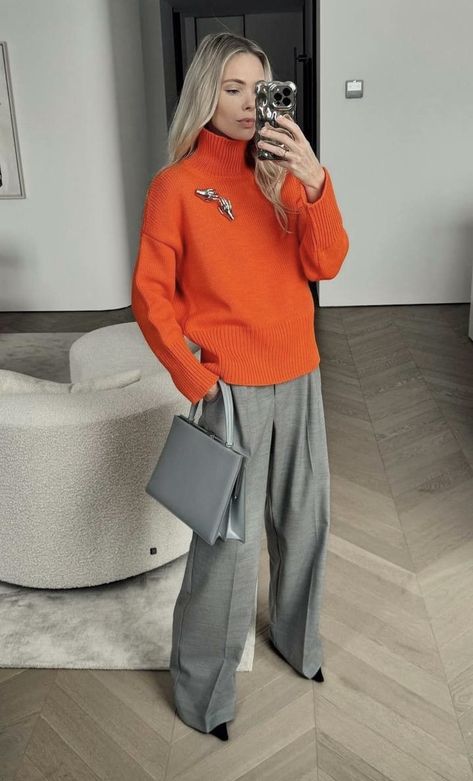 Orange Gray Outfit, October Fashion 2024, Winter Colour Outfits, Orange Sweater Dress Outfit, Orange And Grey Outfit, Home Clothes Aesthetic, Orange Long Sleeve Outfit, Orange Turtleneck Outfit, Grey And Red Outfits