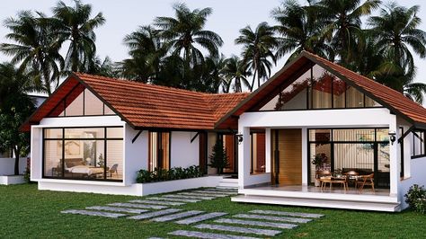 Kerala House Design Contemporary, Traditional Tropical House, Kerala Houses Design, Kerala House Design Traditional Elevation, House Exterior Design Kerala, Kerala Traditional House Exterior, Small Tropical House Design, Kerala Style House Plan, Small Tropical House