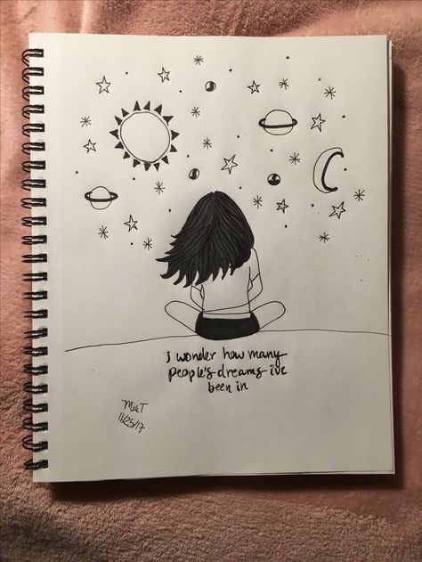 A Drawing, Drawing Ideas, A Girl, The Moon, Notebook, Moon, Sun, Stars, Art