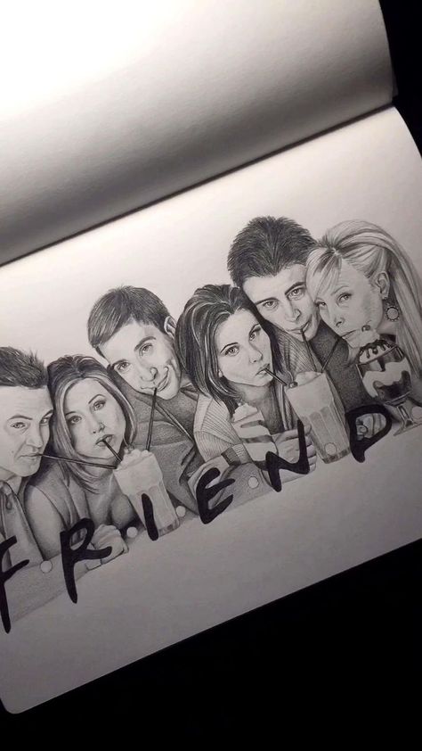 Friends Series Drawing Pencil, Sketch For Best Friend, Show Drawing Ideas, Friends Series Drawing, Friends Sketch Drawing Ideas, Friends Tv Show Drawing, Celebrity Sketches, Show Drawing, Chandler Friends