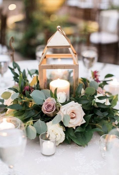 Greenery Wedding Centerpieces, Romantic Wedding Centerpieces, Lantern Centerpiece Wedding, Flowers And Candles, Greenery Wedding Decor, Elegant Wedding Centerpiece, Rustic Wedding Decorations, Mauve Wedding, Gold Lanterns