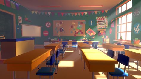 Classroom Concept Art, Cartoons Background, Background Classroom, Classroom Background, Animation Classes, Gacha Backgrounds, School Hallways, 3d Blender, 3d Environment