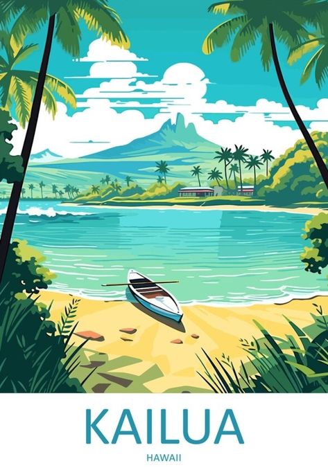 Hawaii Illustration, Hawaii Poster, Kailua Hawaii, Hawaii Art, National Parks Photography, Graphic Design Infographic, Beach Illustration, City Cartoon, Beach Posters