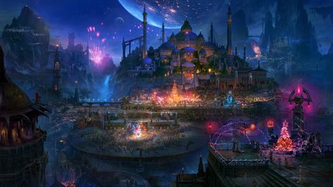 ArtStation - Atlantis in the Festival, MaoYong Liu Town Festival, Fantasy Festival, Bangunan Minecraft, Festival Art, Fantasy Town, Fantasy Background, Paintings And Drawings, Image Painting, Fantasy City