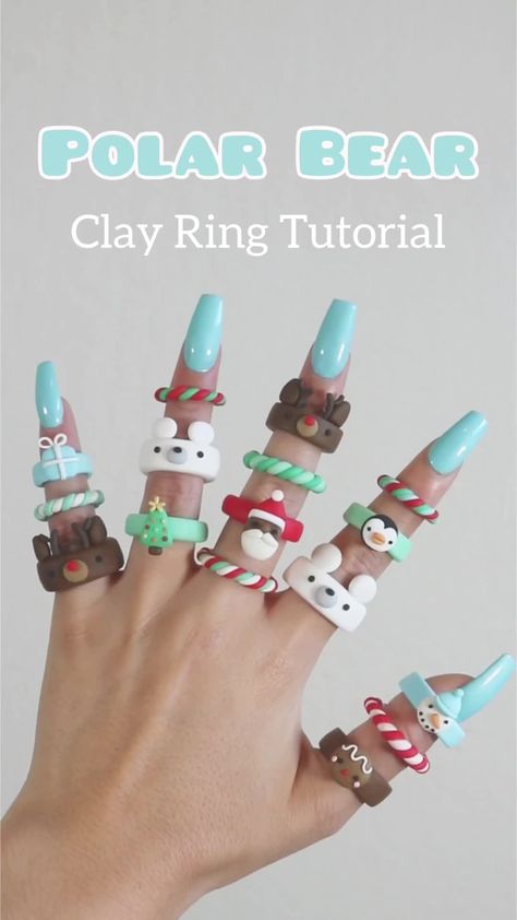 Things To Do With Polymer Clay Ideas, Clay Rings Bear, Christmas Clay Rings, Clay Ring Tutorial Video, What To Do With Polymer Clay, Bear Ring Clay, Polymer Clay Ring Tutorial, Cool Things To Make With Polymer Clay, Rings Made Of Clay