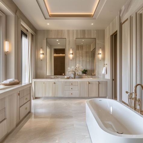 Master Bath Vanity With Window, Contemporary Classic Bathroom, Ideas Para Baños Pequeños Modernos, Mansion California, Dream Bathroom Luxury, California Modern Interior, Transitional Style Bathroom, Transitional Bathroom Design, Neutral Bathroom Decor