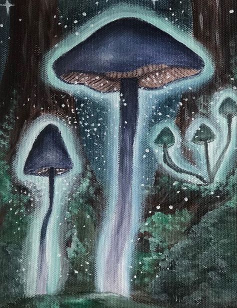 Oil Pastel Art Mushroom, Fairycore Painting Ideas, Dreamcore Painting, Fairycore Painting, Fairy Mushrooms, Oil Flowers, Mushroom Painting, Mushroom Paint, Paintings Ideas