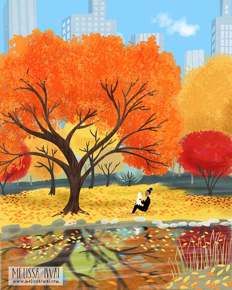 General Ideas, Autumn Illustration, Animation Artwork, Winter Painting, Autumn Scenes, Illustration Art Girl, Tree Illustration, Amazing Drawings, Art Licensing