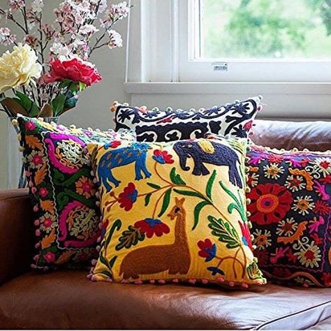 Set Of 5 Suzani cushion cover cotton embroidered cushion vintage cushion cover home decorative cushion covers by EmbroideryIndianArt on Etsy Indian Cushions, Indian Pillows, Applique Cushions, Frida Art, Bohemian Furniture, Crochet Cushion, Living Room Cushions, Couch Pillow Covers, Couch Cushion Covers