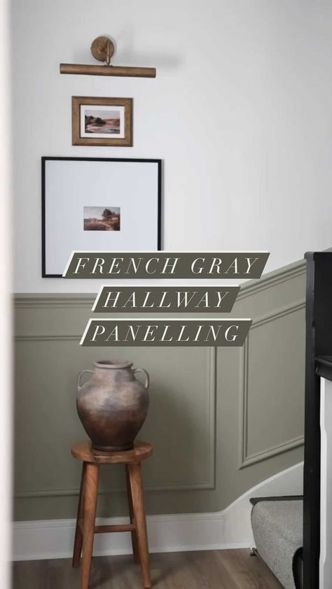 Green Hall Panelling, Sage Wall Panelling, Sage Green Panelling Hallway, Green And Grey Hallway, Green Panelled Hallway, Hallway Farrow And Ball, Hallway Ideas Panelling, Green Panelling Hallway, Sage Green Panelling Living Room