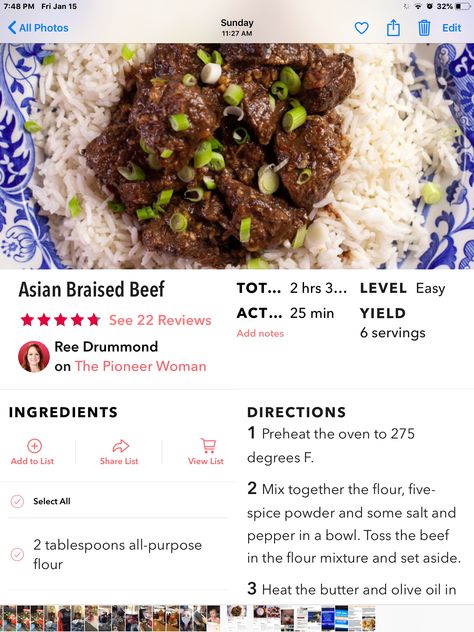 Asian Braised Beef Pioneer Woman, Asian Braised Beef, Asian Beef, Pioneer Woman Recipes, Farm Food, Ree Drummond, Braised Beef, Steak Dinner, Asian Dishes