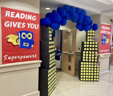 Superhero Book Fair, Superhero Library Theme, Bookfair Themes, Book Fair Themes, School Library Themes, Superhero School Theme, Hero Classroom Theme, Superhero Decor, School Book Fair