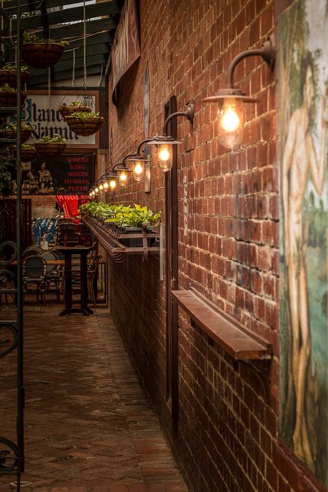 Lane, Lights, Old Fashioned, Brick Wall, Mural, Plants Brick Wall Lighting, Wall Mural Plants, Red Brick Wall Interior, Mural Plants, Plants Restaurant, Brick Restaurant, Brick Wall Mural, Rustic Brick Wall, Mexican Restaurant Decor